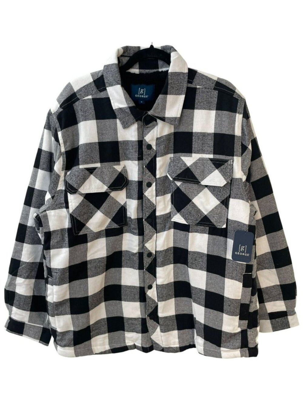 George Buffalo Jacket Plaid Flannel Black/White Button-Down Sherpa Men's Size XL